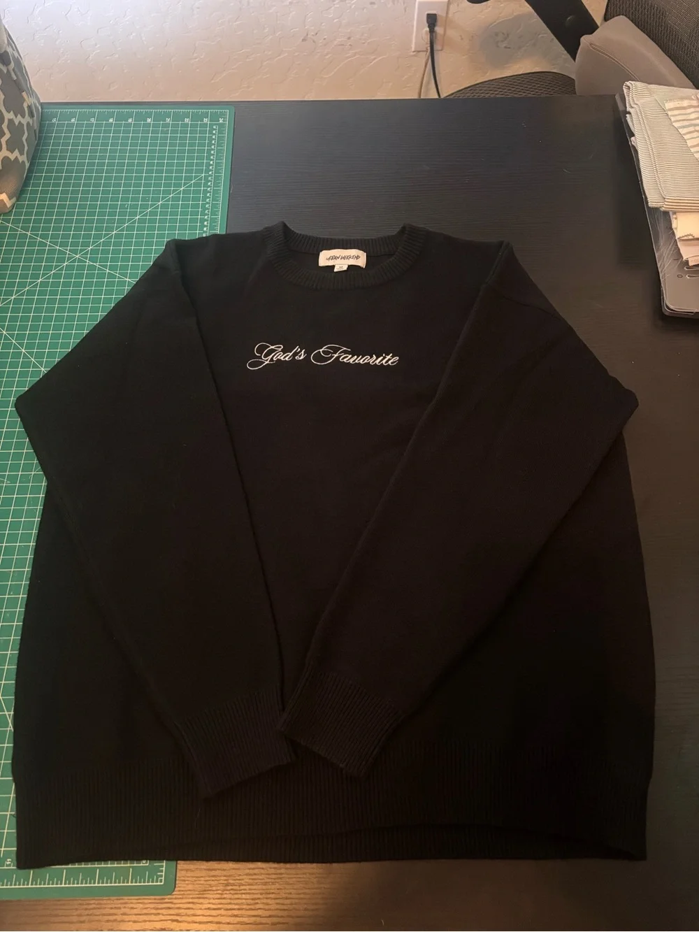 Urban Weekend Men black crewneck sweatshirt with white cursive text reading 'God